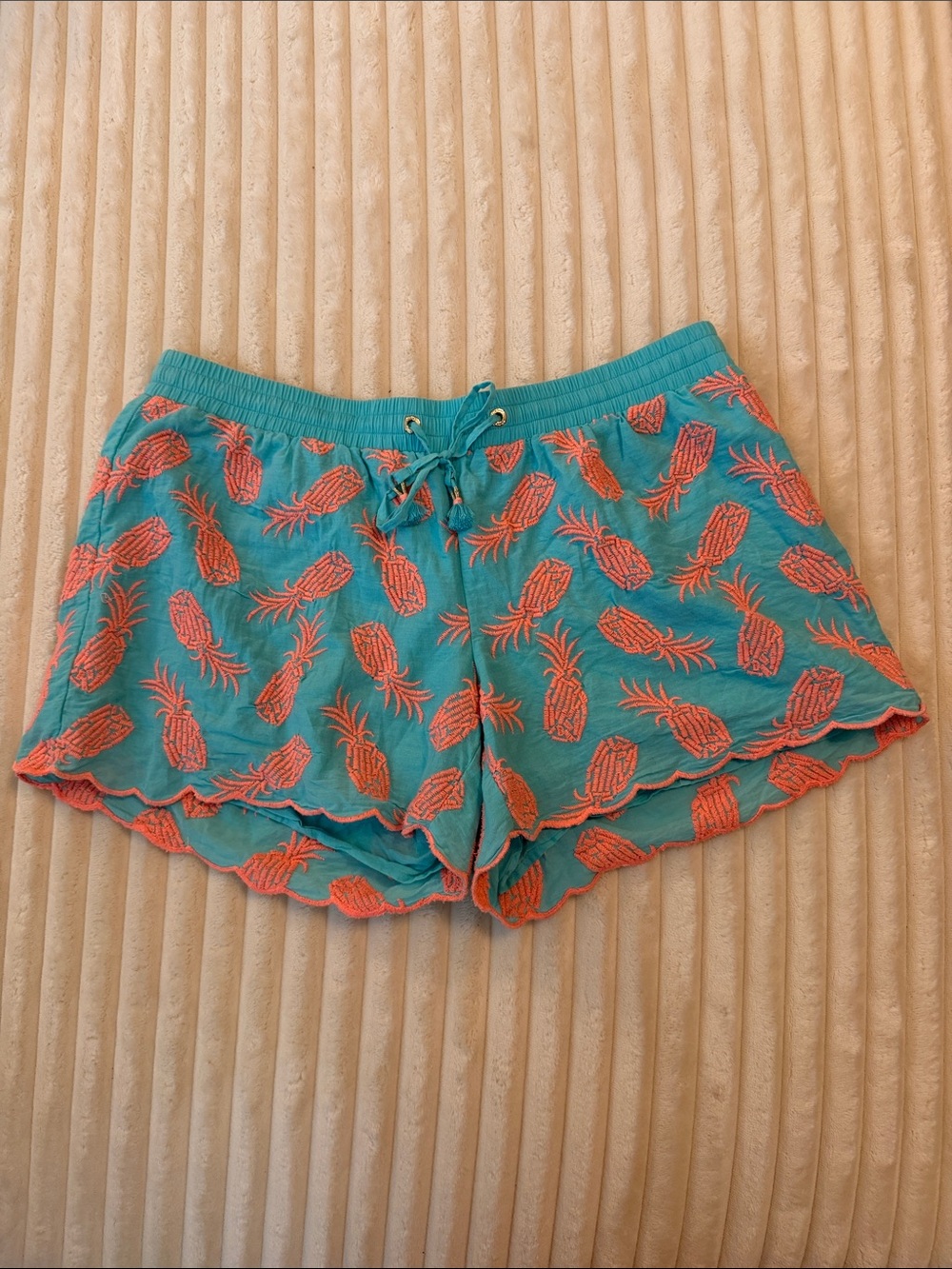Lilly Pulitzer Teal Shorts with Coral Pineapple Print. Size Medium
